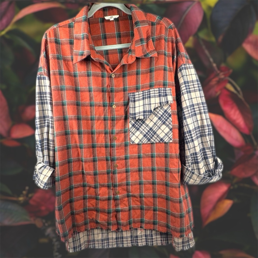 Entro Contrast Patchwork Plaid Flannel Button Up … - image 3